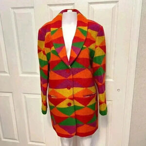 Vintage Neiman Marcus Couture Womens Colorful Geometric Overcoat Coat Jacket